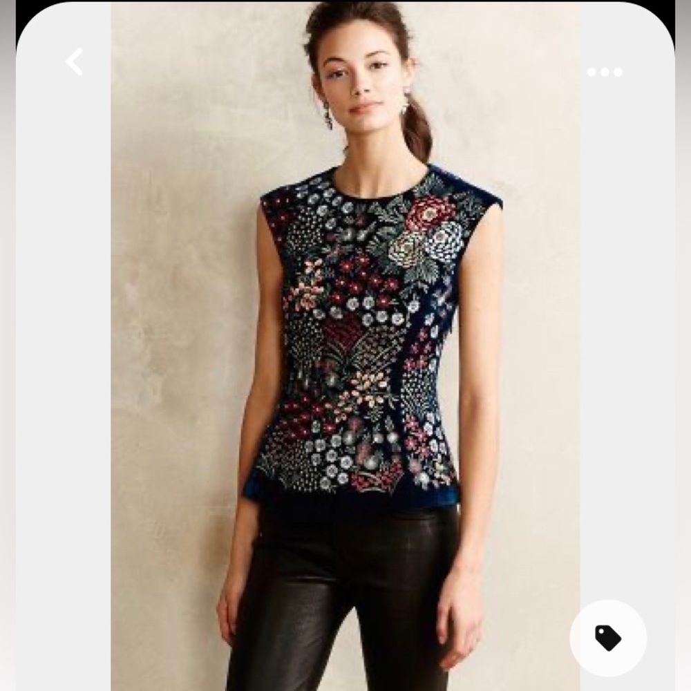 Anthropologie Floral Embroidered Top - Navy and Multicolor